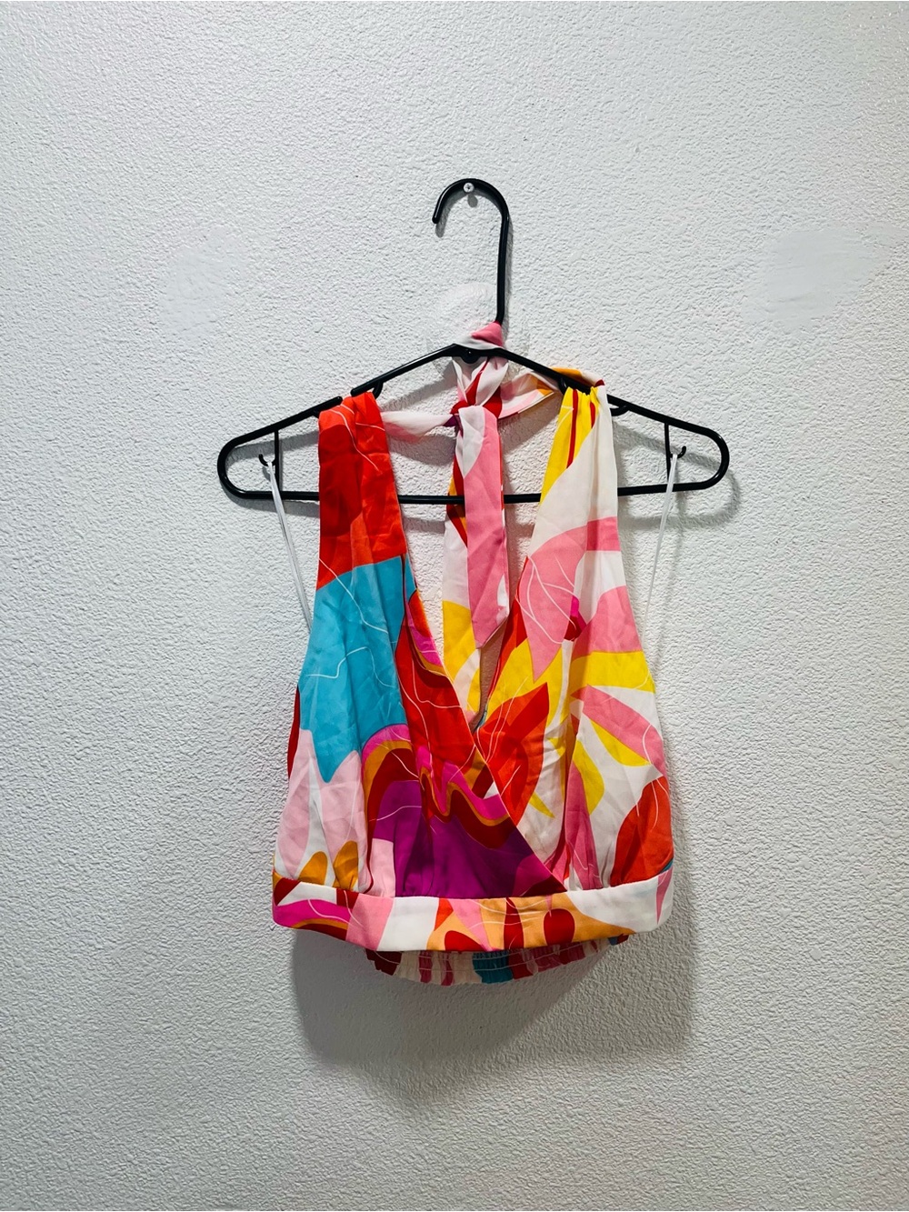 Colorful Abstract Halter Crop Top - Multi Pink & Red Pattern
